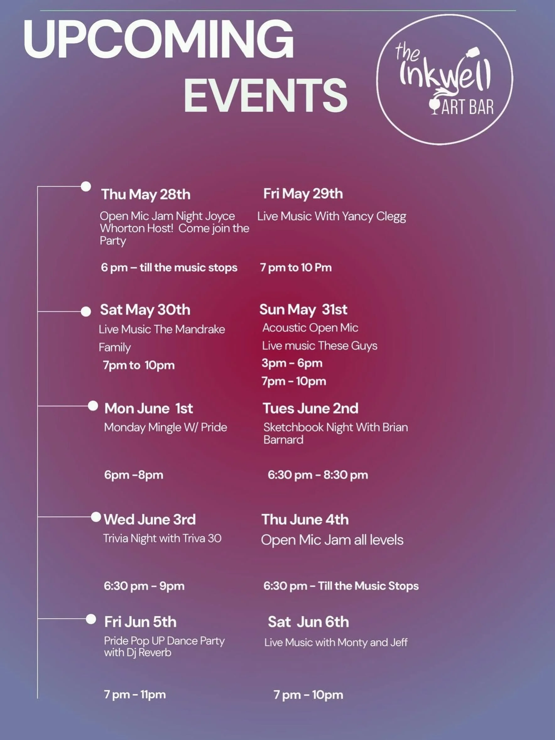 May 29th - June 6th Upcoming Event Schedule

We open everyday at 2pm. Happy Hour is Monday - Friday from 2pm - 6pm.

We have free parking in our front, back and side lots.

#fernandinabeachevents #ameliaislandsmallbusiness #floridasmallbusiness #inkw