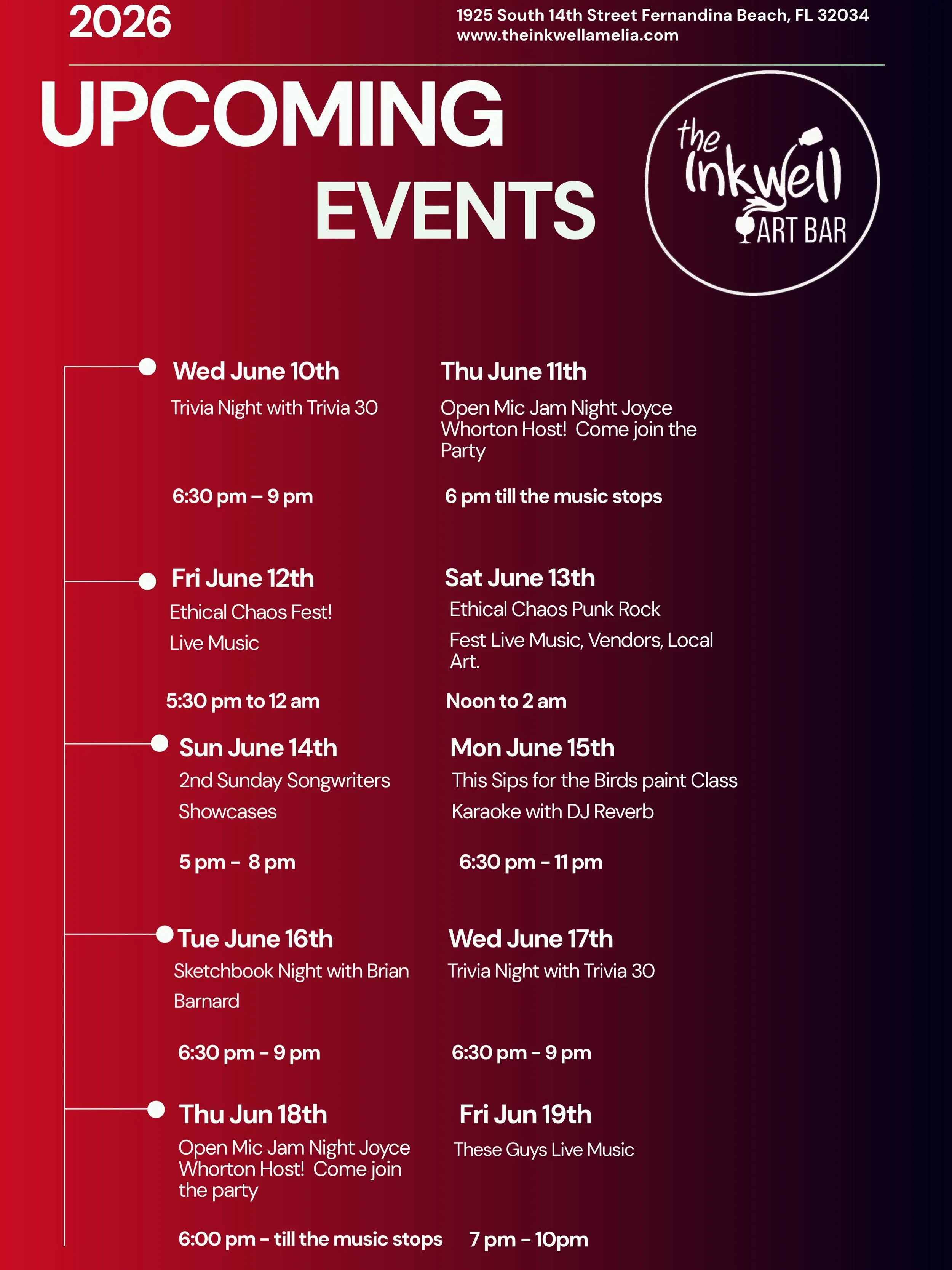 HOT OFF THE PRESS! Check out our upcoming events!
#fernandinabeachevents #ameliaislandevents #inkwellamelia #northflorida #thingstodo