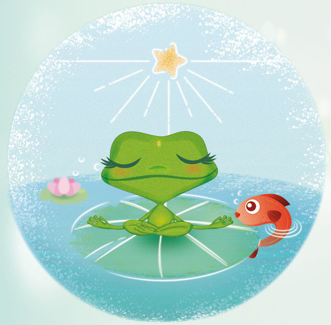 Rita la ranita meditando sobre un nenúfar junto a un pez, ilustración de El Almario de las Ranas © Carolina Barca, obra registrada y protegida por derechos de autor.