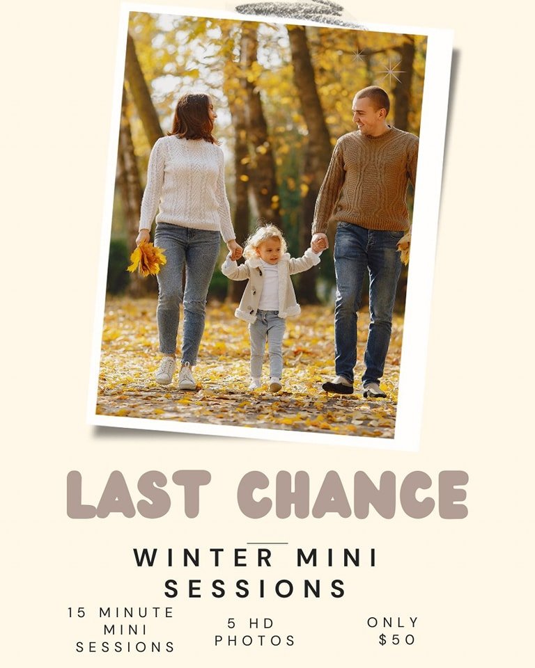 LAST CHANCE
My winter mini sessions are happening in just one week and this is your final call to grab a spot

These are short, cozy outdoor sessions perfect for families, couples or anyone wanting to update their photos with that beautiful winter li