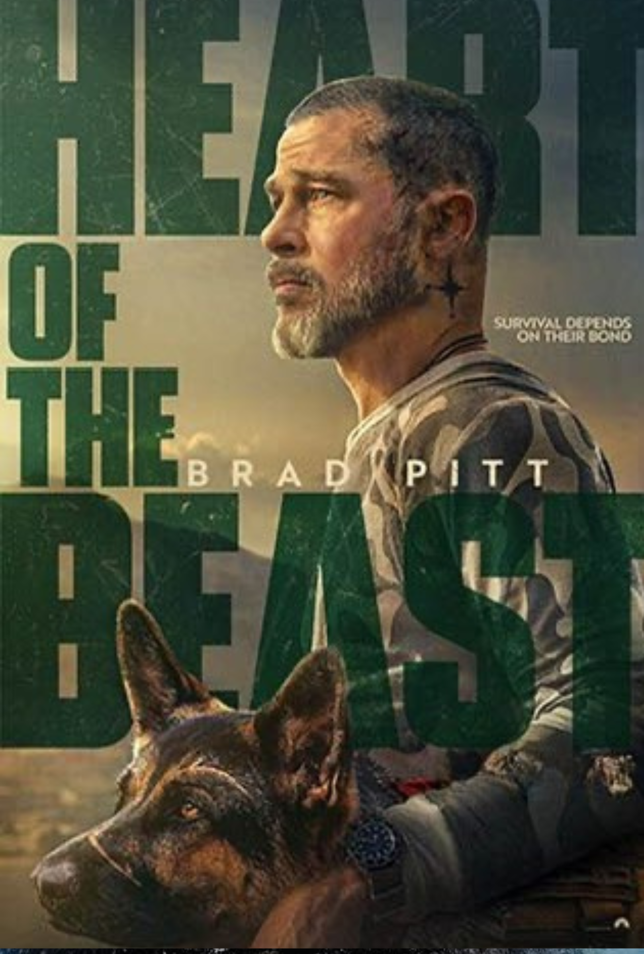 A person with short hair, a beard, and tattoos sitting on the ground with a German Shepherd dog, against a background with large green and white text.