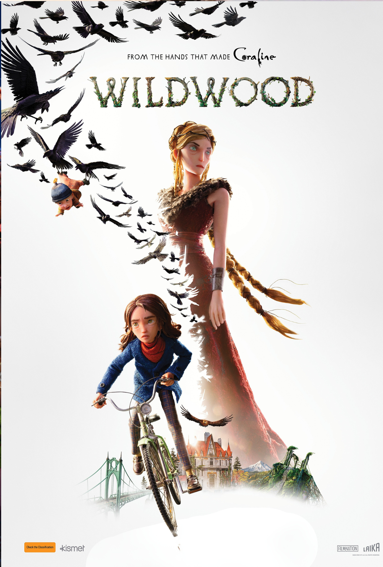 Animated poster for the movie 'Wildwood' featuring two young girls, one riding a bicycle and the other running, with a large forested figure of a woman with long braid and a furry collar behind them, flying crows, a bridge, and buildings in the background.