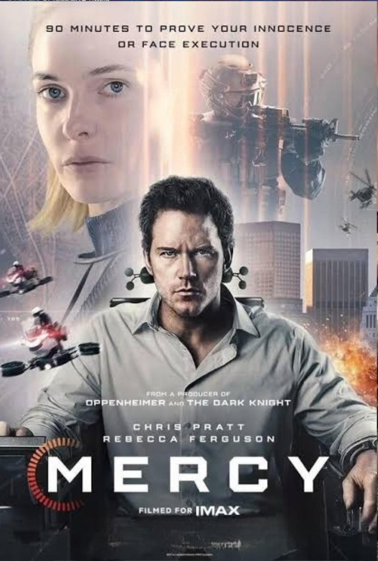 Poster for the movie 'Mercy' featuring a man in a gray shirt sitting in a vehicle, with a cityscape background, helicopters, and soldiers. The poster includes characters' names and mentions it was filmed for IMAX.