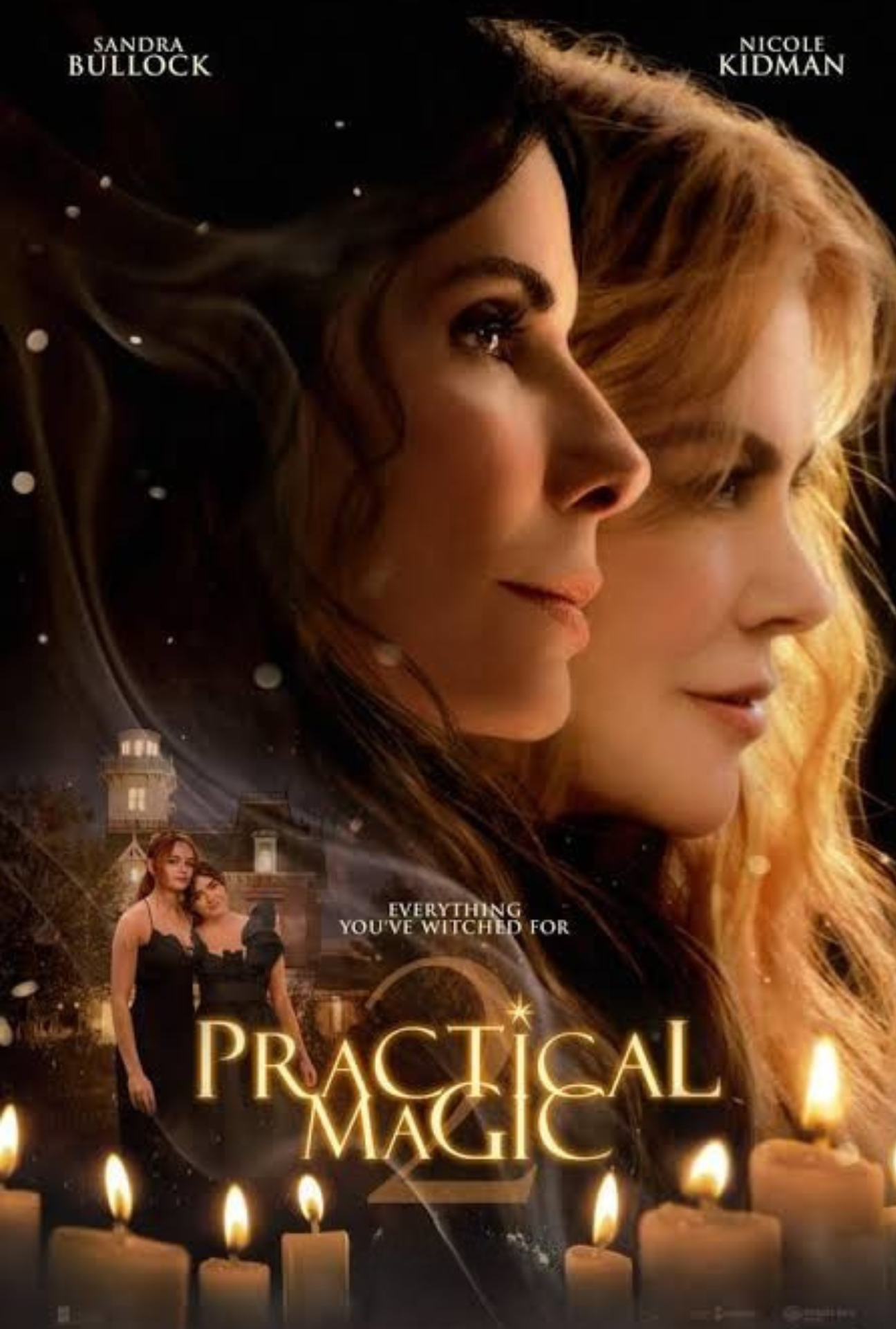 Poster for the movie 'Practical Magic' featuring Sandra Bullock and Nicole Kidman, with candles at the bottom and a small inset image of two women standing outside a house. The tagline reads, 'Everything you've witch for'.