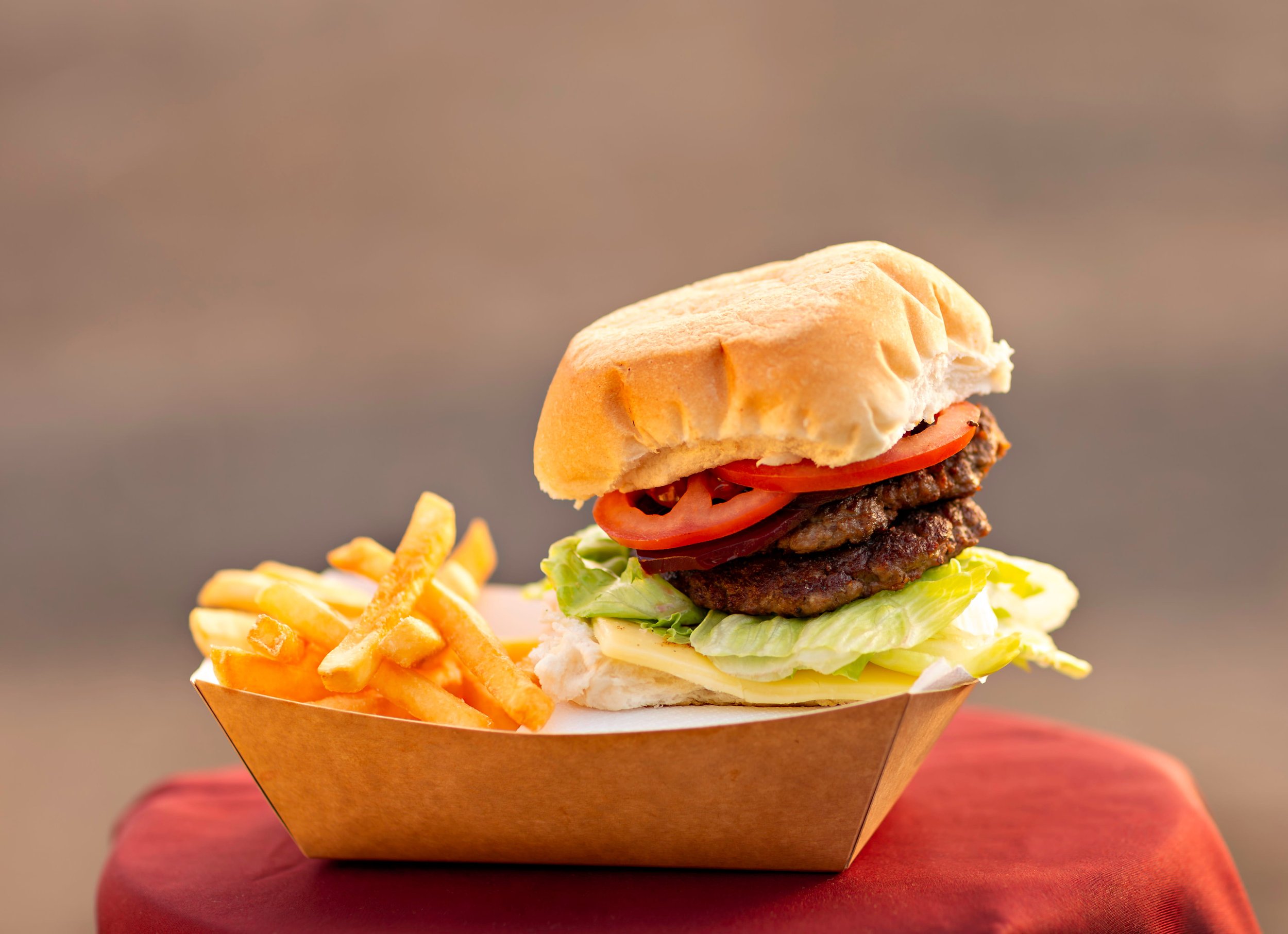 Close-up of a hamburger with lettuce, tomato, onion, two beef patties, and sandwich bun, served with French fries in a paper tray.