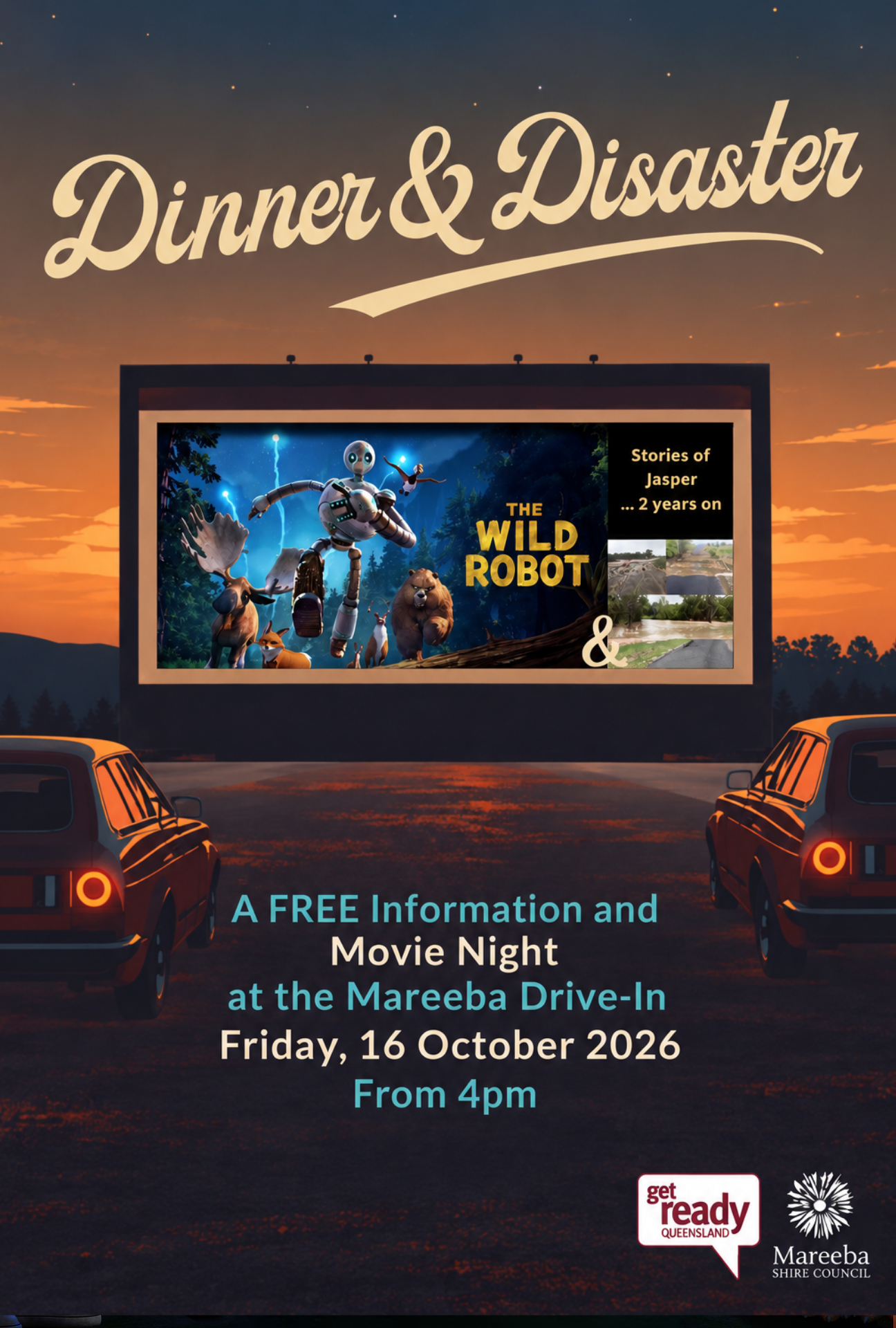 A billboard displaying upcoming movie event at the Mareeba Drive-In on October 16, 2026, featuring animated movie 'The Wild Robot' with illustrations of animals and a robot, a sunset background, and cars parked in front.