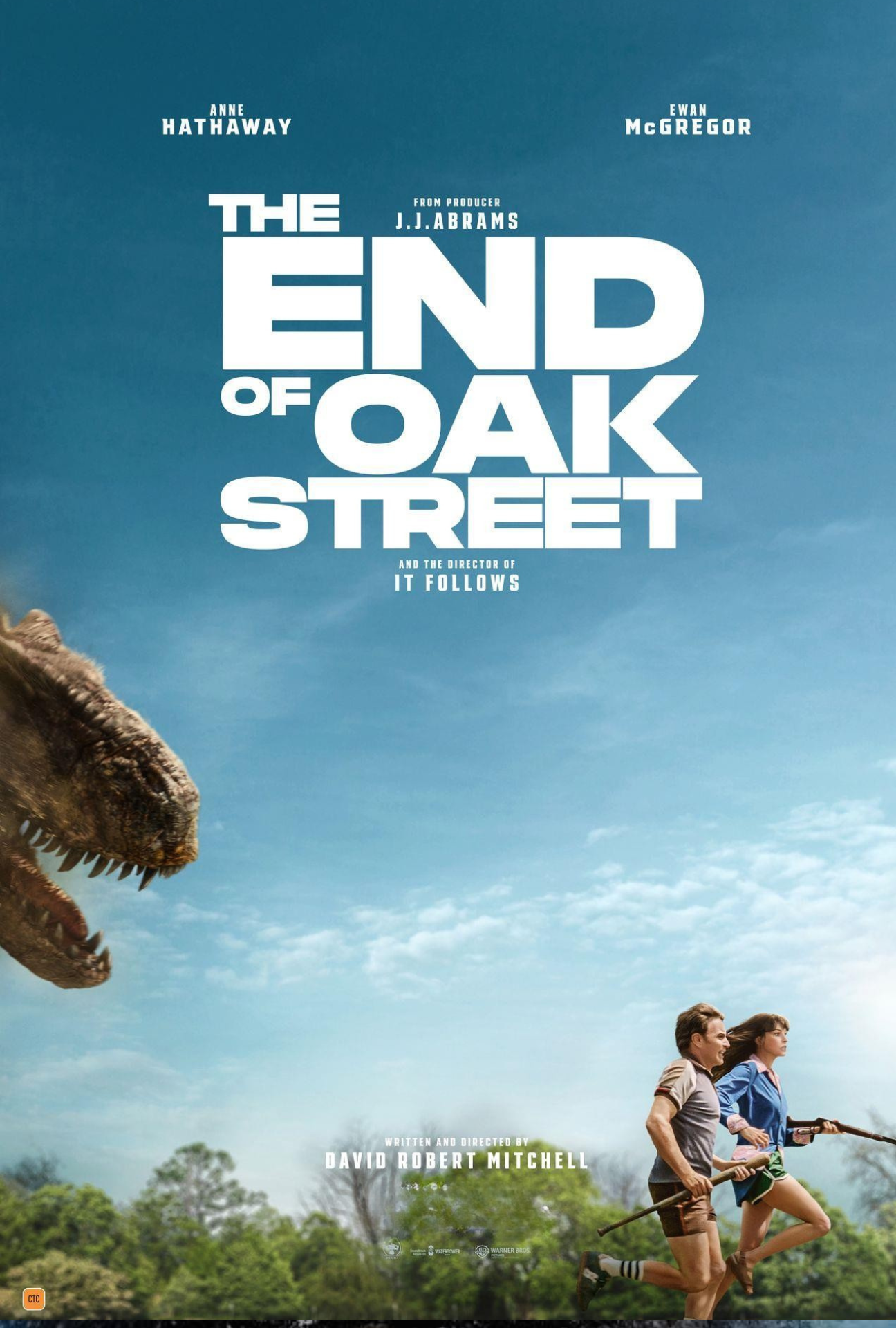 Movie poster for 'The End of Oak Street,' showing a Tyrannosaurus rex head on the left, a man and a woman running with sticks on the right, set against a background of a grassy field with trees and a blue sky with clouds.