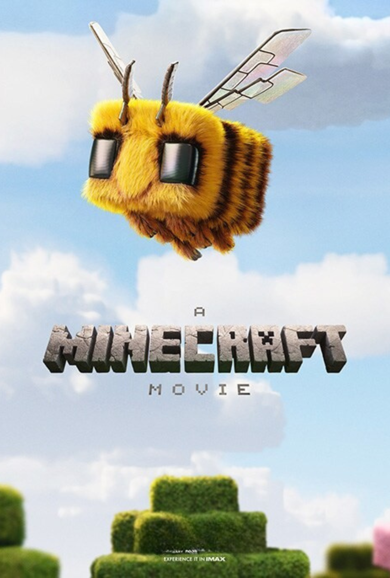 Poster for the Minecraft movie featuring a blocky, furry, bee-like creature with sunglasses flying in the sky, with trees and a blue sky in the background.
