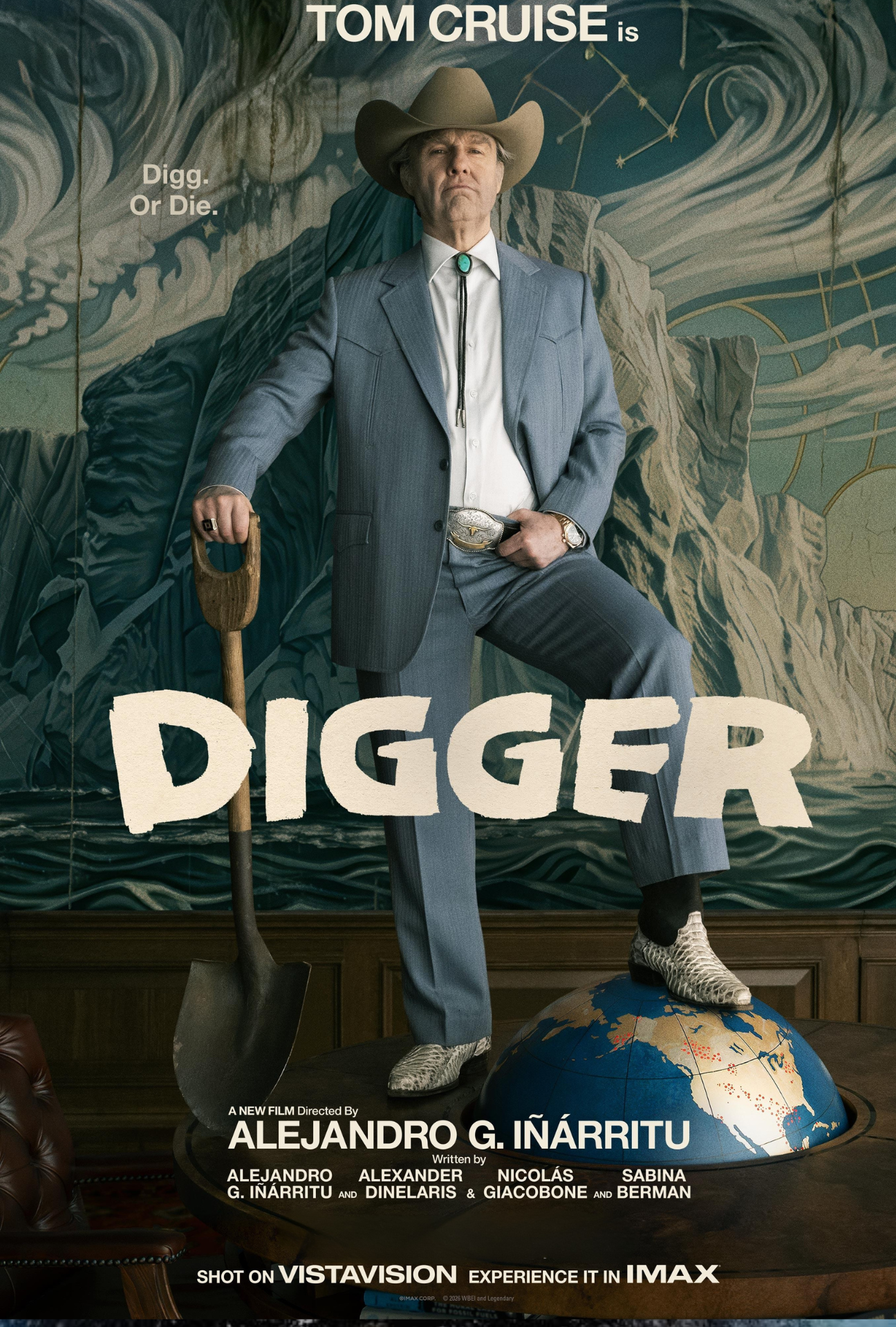 Movie poster for 'Digger' featuring a man in a suit with a cowboy hat and boots, standing on a globe, holding a shovel, with a background of mountains and constellations, and text indicating the film is directed by Alejandro G. Iñárritu.