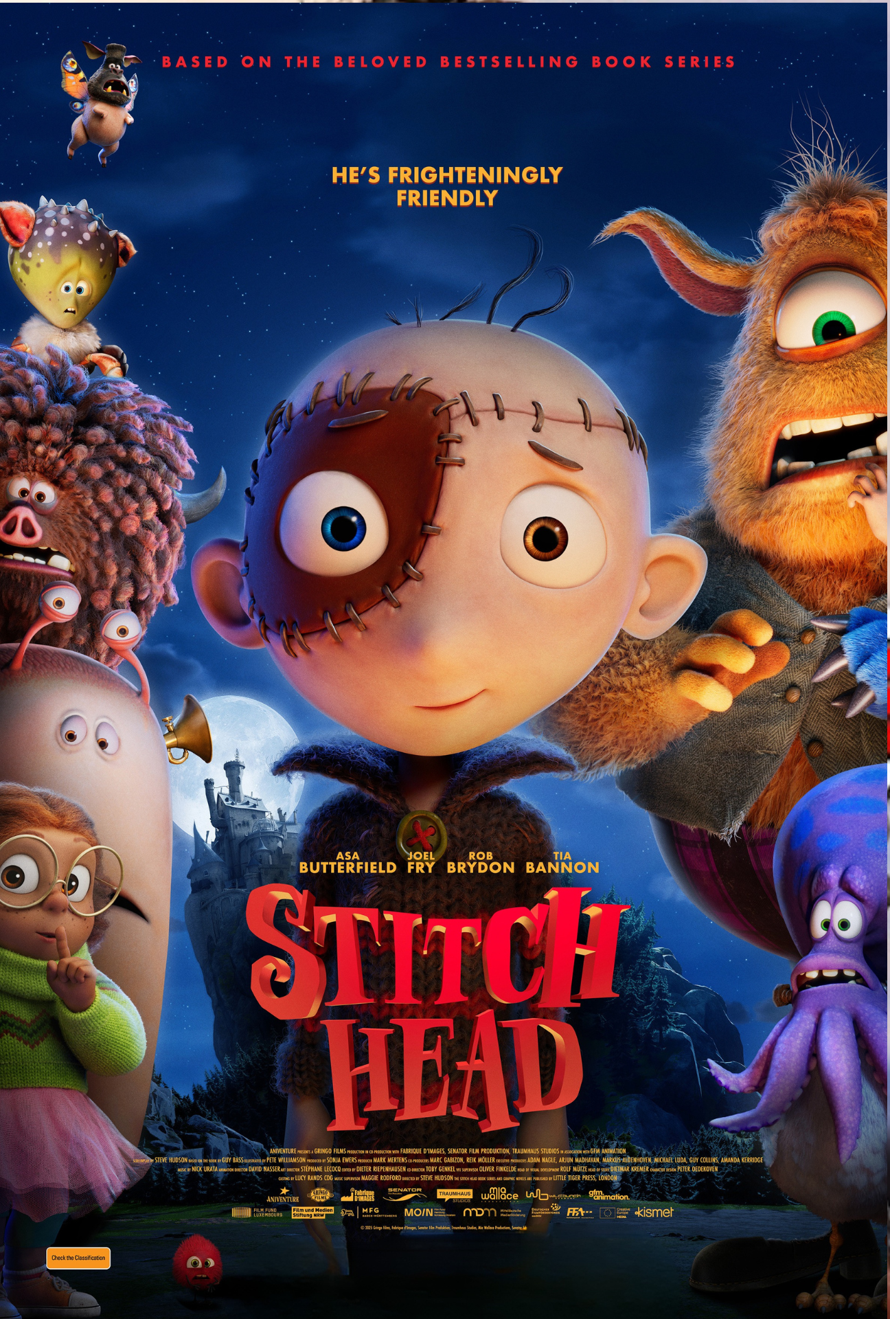 Movie poster for 'Stitch Head' featuring animated characters including a quirky boy with a stitched scar on his face, a furry creature with large eyes, a monster with a pig-like face, and other fantastical creatures against a night sky with a full moon and a castle in the background.