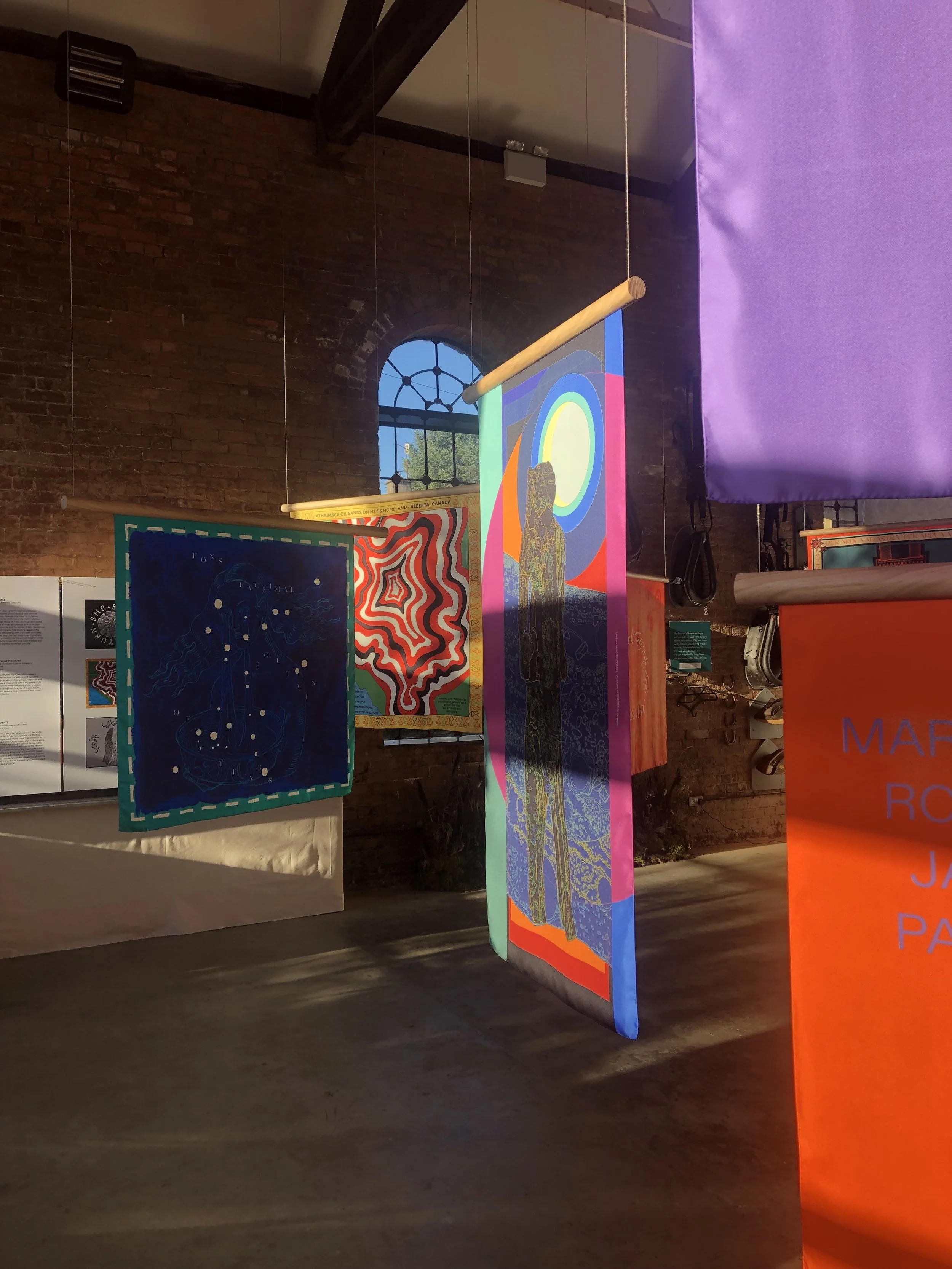 Silk banners, UNFPA, silk scarves, Alice maher, isabel nolan, jahnavi Inness