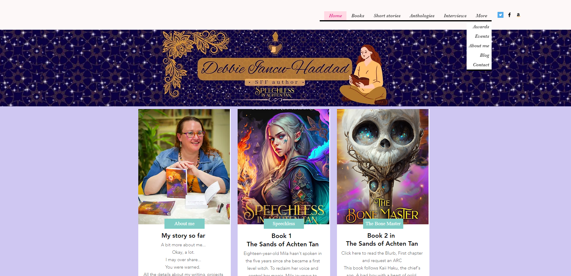 Author Debbie Jancu-Haddad website homepage featuring a banner with her name, a woman reading, and three book cover images in a row titled 'My story so far,' 'Book 1: The Sands of Achten Tan,' and 'Book 2: The Sands of Achten Tan.'