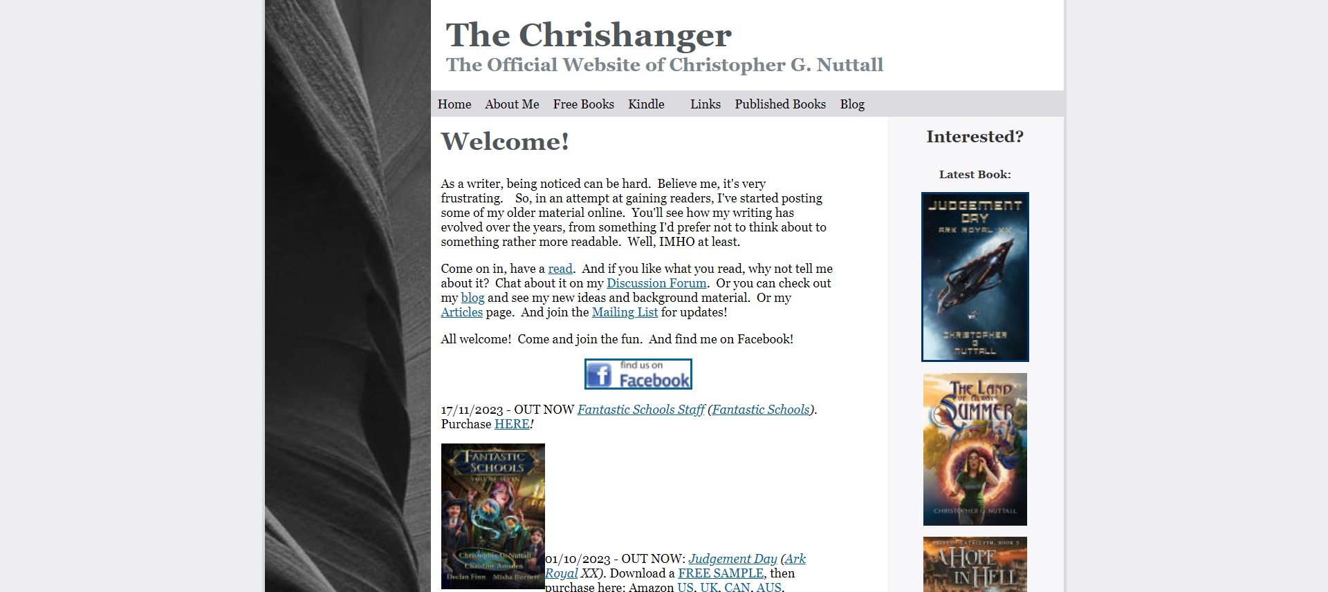 Screenshot of an author website featuring a welcome message, links to books and social media, and book covers on the right sidebar.