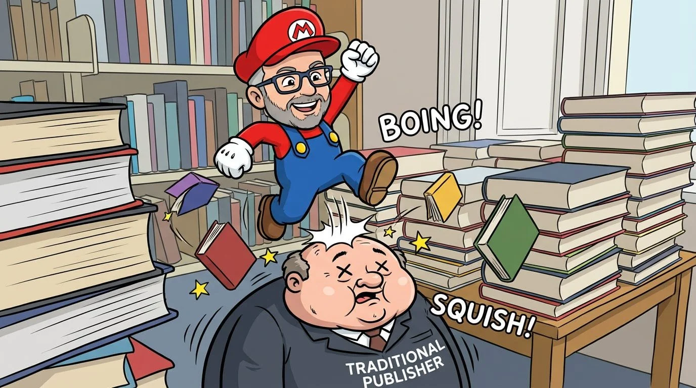 cartoon of man jumping on a trad publishers head