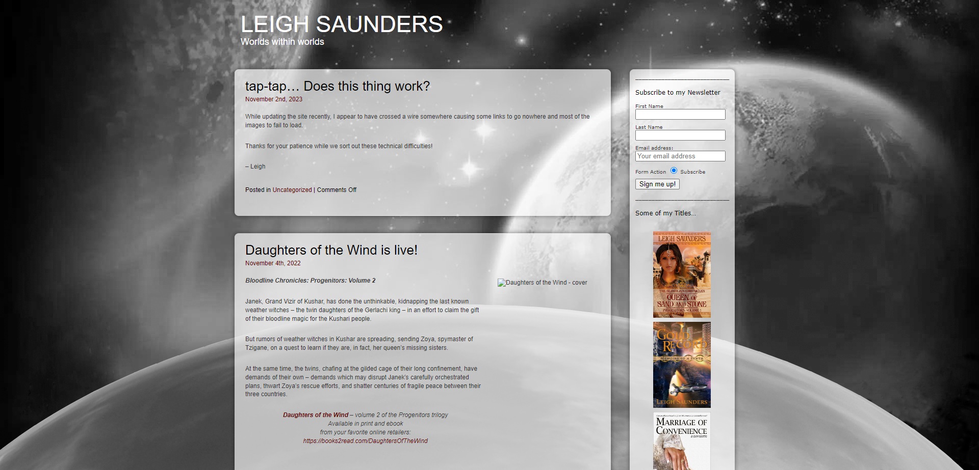 Dark space scene with a planet and stars, website with blog posts by Leigh Saunders, featuring titles and book covers on the right.