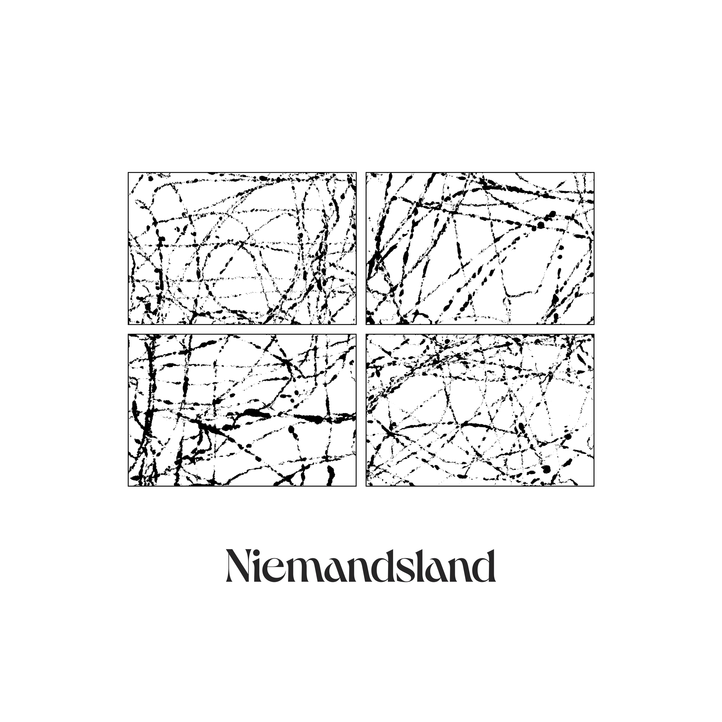 Vier panelen met abstracte zwarte lijntjes op een witte achtergrond, ondertekend met de tekst 'Niemandsland'.