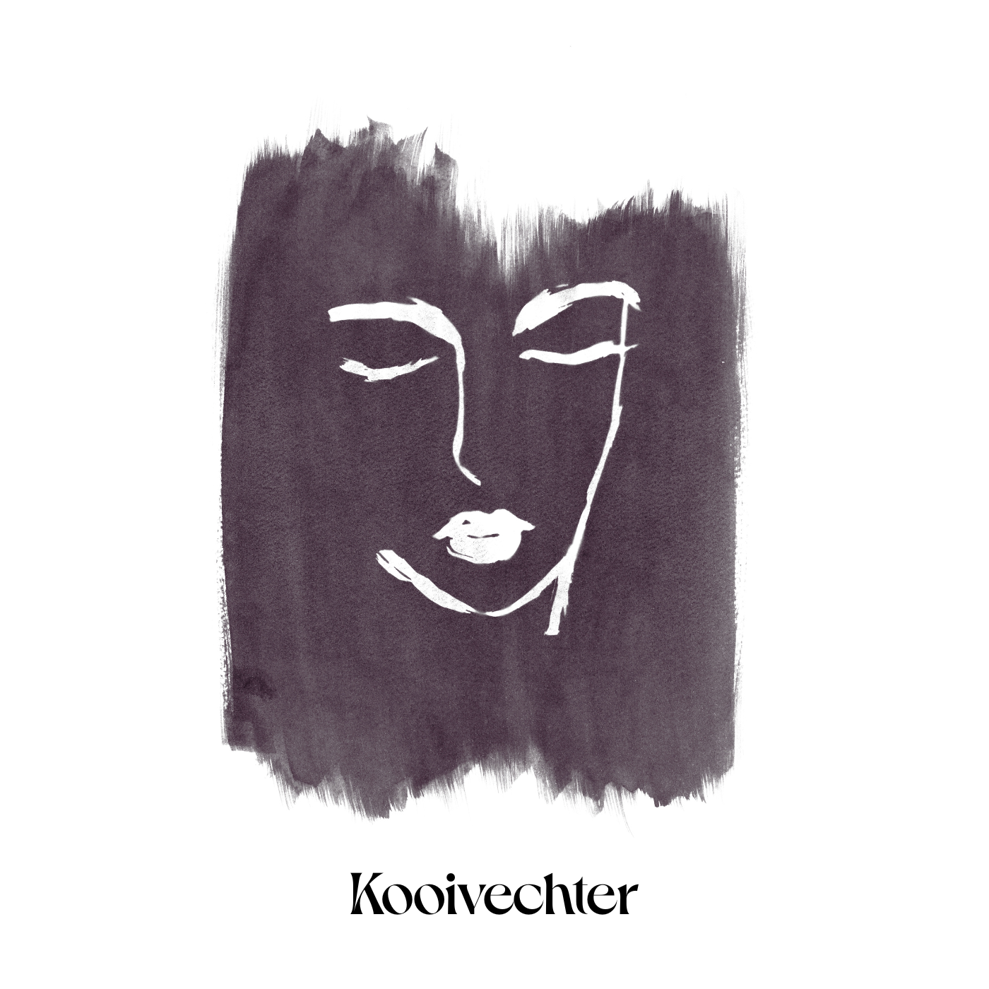 Een zwart-witte kunstzinnige afbeelding van een vrouwelijk gezicht met gesloten ogen en volle lippen, getekend met eenvoudige lijnen, met de tekst 'Kooivechter' eronder.