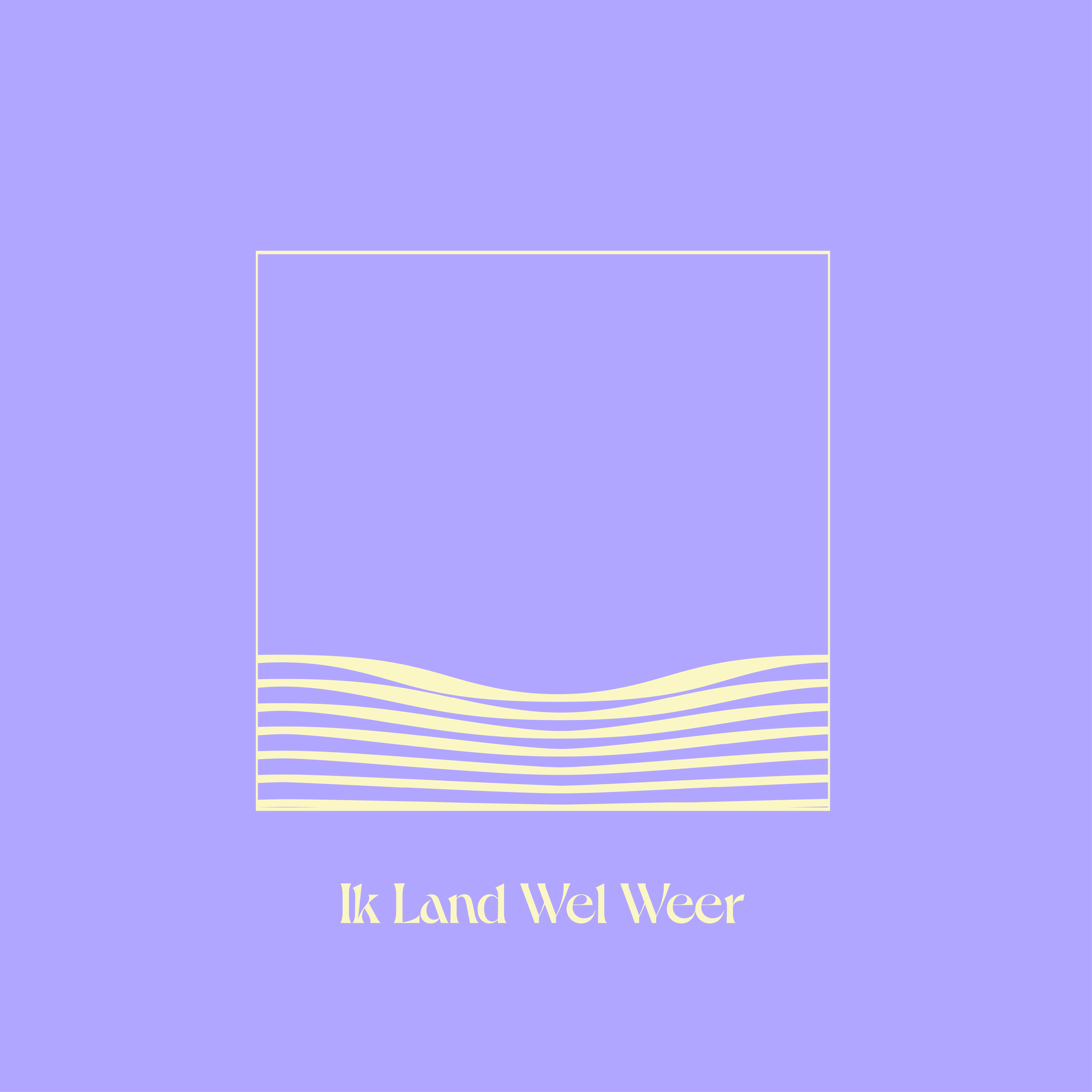 Kunstwerk met golvende lijnen en de tekst 'Ik Land Wel Weer' op een lila achtergrond.