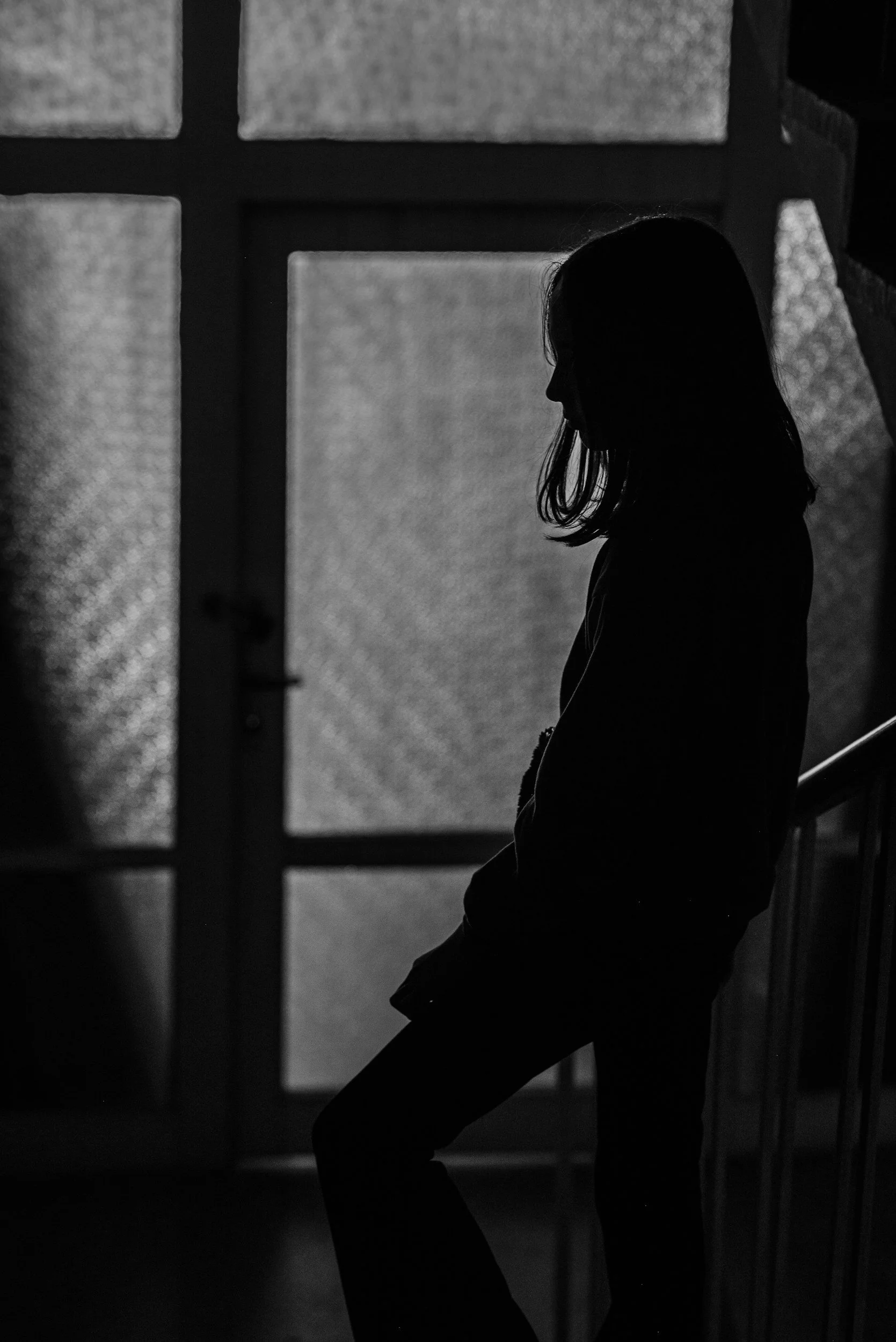 Silhouette of a girl leaning against a railing near a door with frosted glass panels.