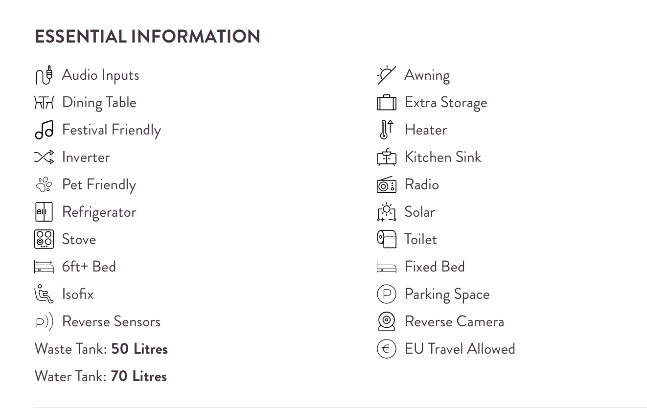 Essential information and features for Roma 4 berth Mercedes Sprinter campervan hire near Bristol Airport, including fixed bunk beds, solar power, toilet, 70L water tank and diesel heating.