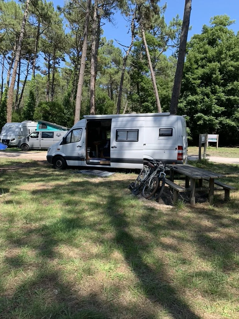 Azure campervan during a month-long journey travelling around France in 2021