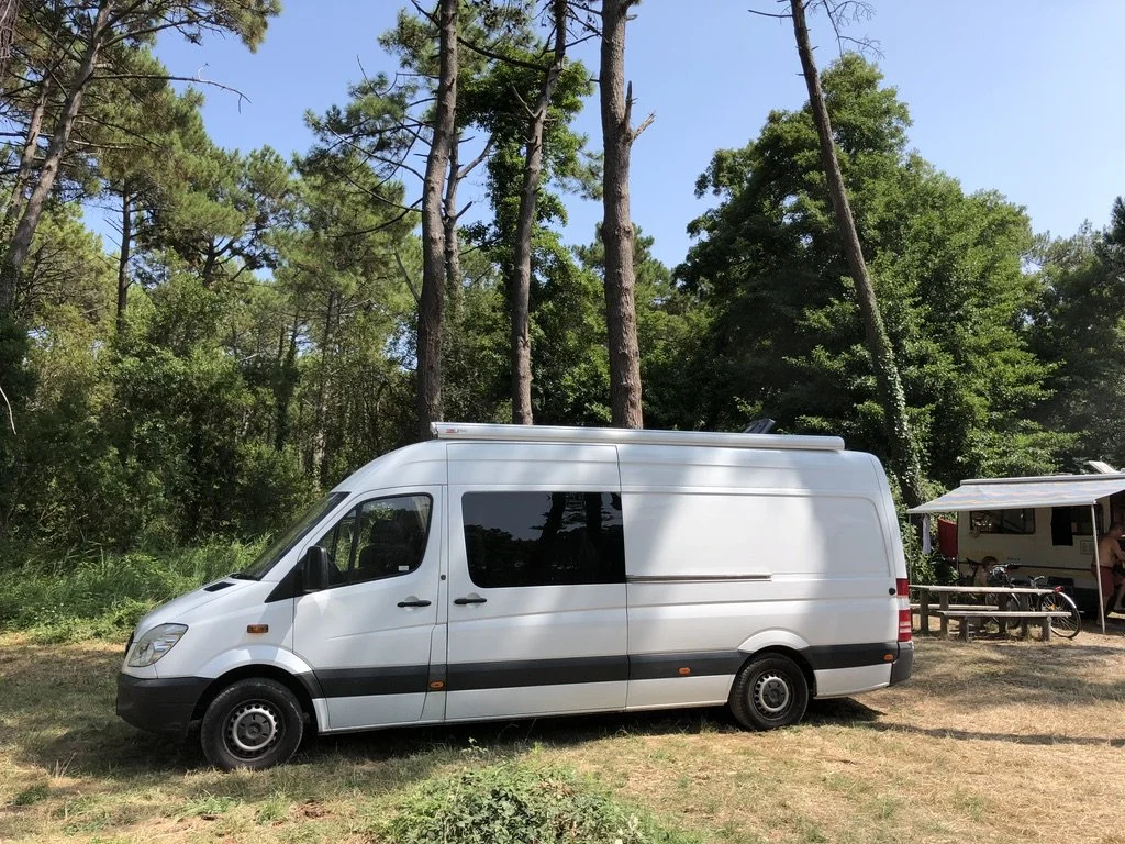 Roma campervan shortly after being built, photographed on her first journey through the pine forests near Bordeaux, France