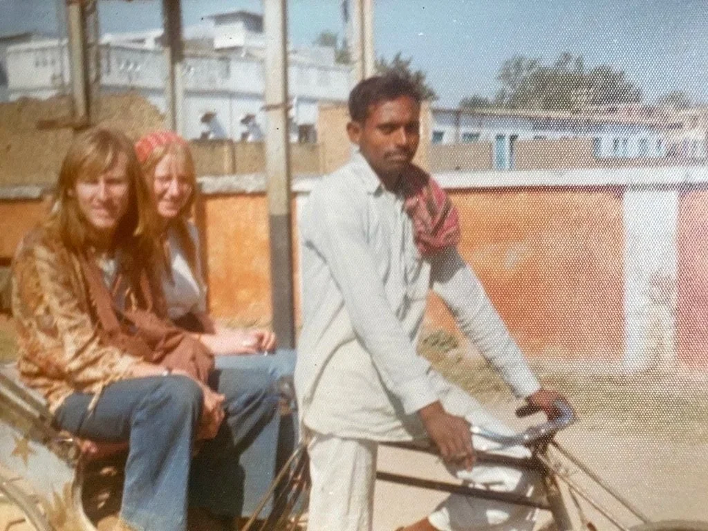 My parents travelling by rickshaw in India during their 1970 overland journey along the Hippie Trail