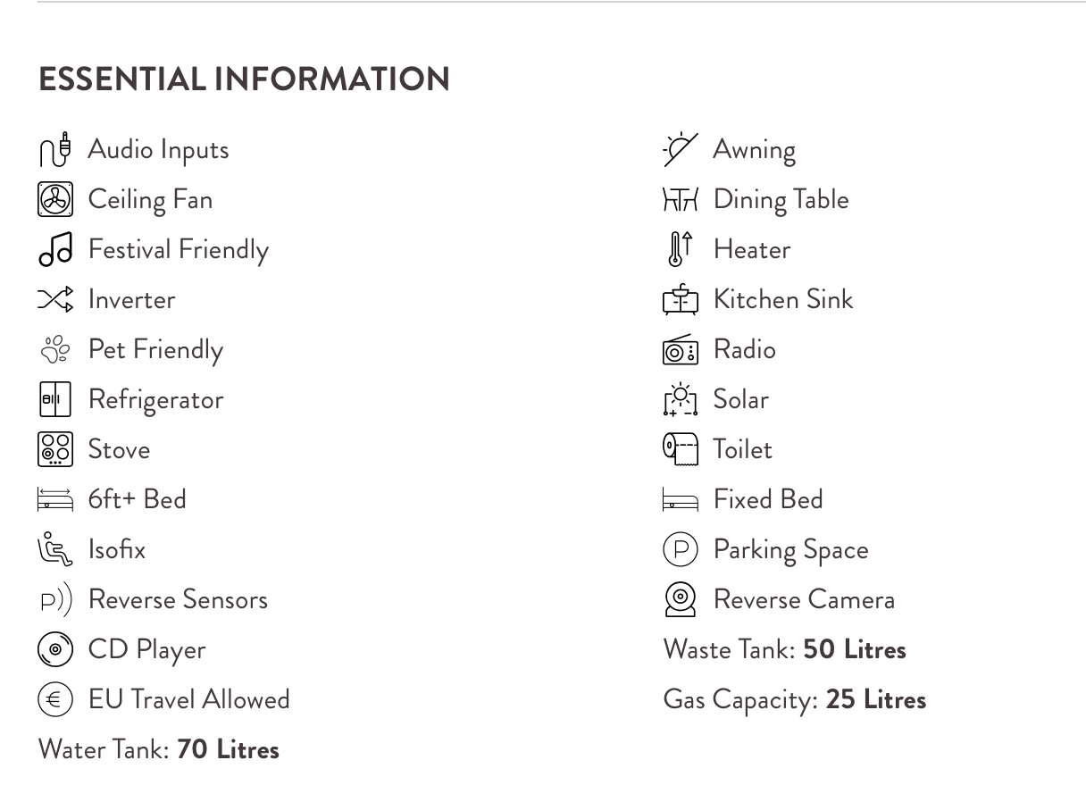Essential information and features for Azure 4 berth Mercedes Sprinter campervan hire near Bristol Airport, including solar power, fixed bed, toilet, water tank and LPG capacity.