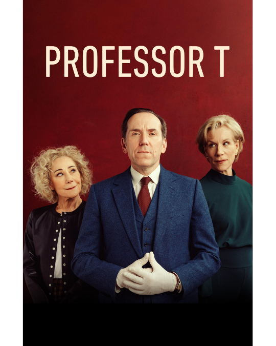 Fastidious investigator with gloves near two women