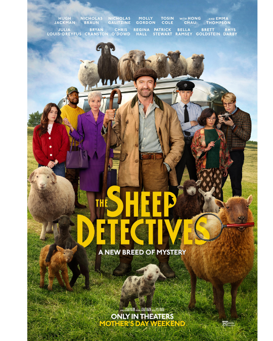 Human suspects and sheep gather together on the poster for the movie The Sheep Detectives.
