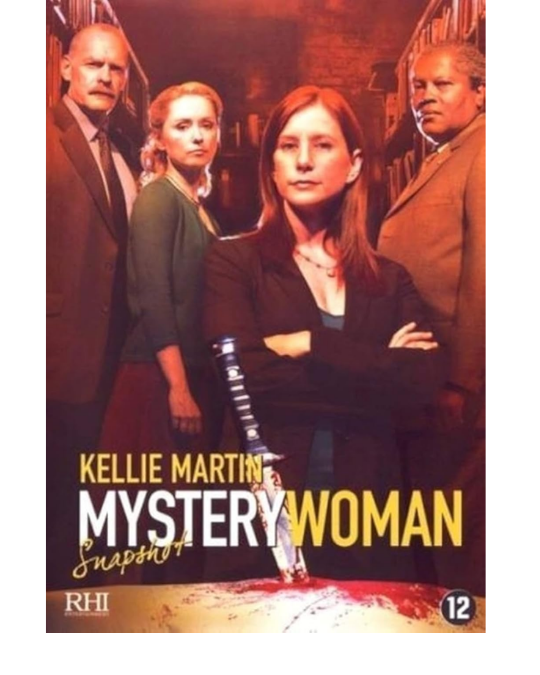 A woman and her peers looking serious amid books and a knife