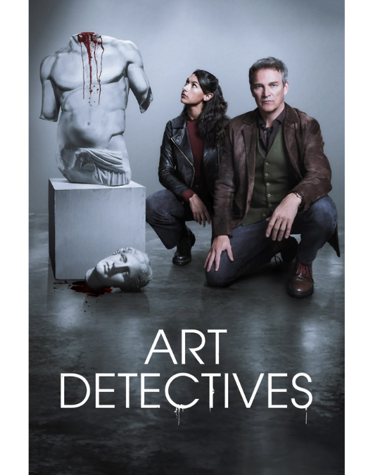 Two invesigators next to  classic sculpture that appears to have blood on it
