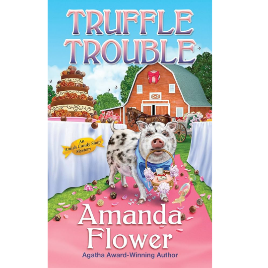 A spotted pig stands in the aisle next to a wedding cake on this book cover.
