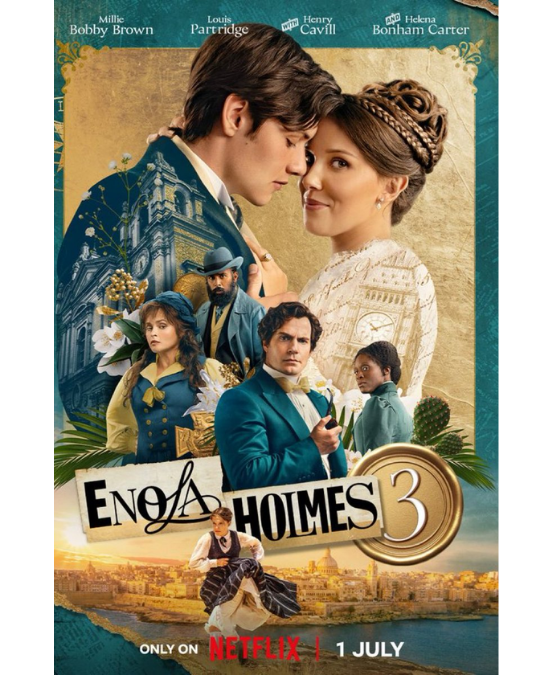 Enola Holmes wears a wedding dress on the movie poster