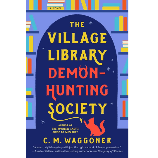 The book cover of "The Village Library Demon-Hunting Society" with cartoon books and a cat