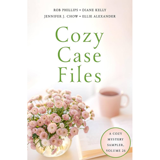 Book cover for "Cozy Case Files" with flowers and a coffee mug.