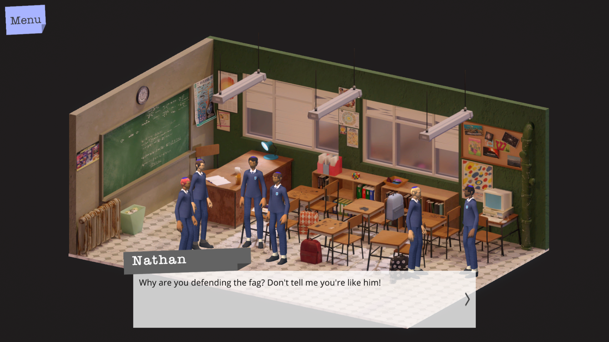 The classroom scene in the V1.0 of Hineini as shown in the CSM degree show, June 2023