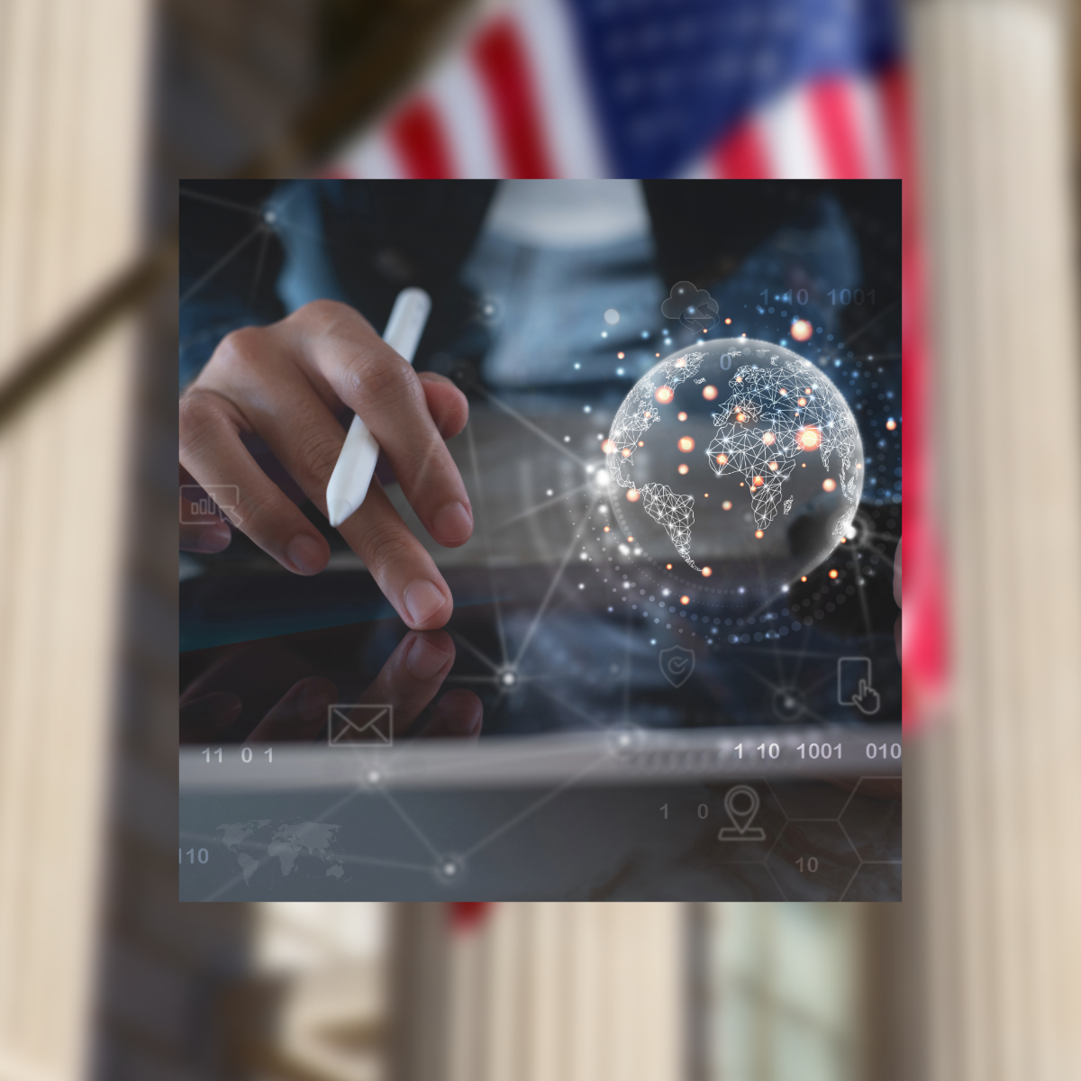 Person using a stylus on a tablet with a digital globe and network graphics overlayed.