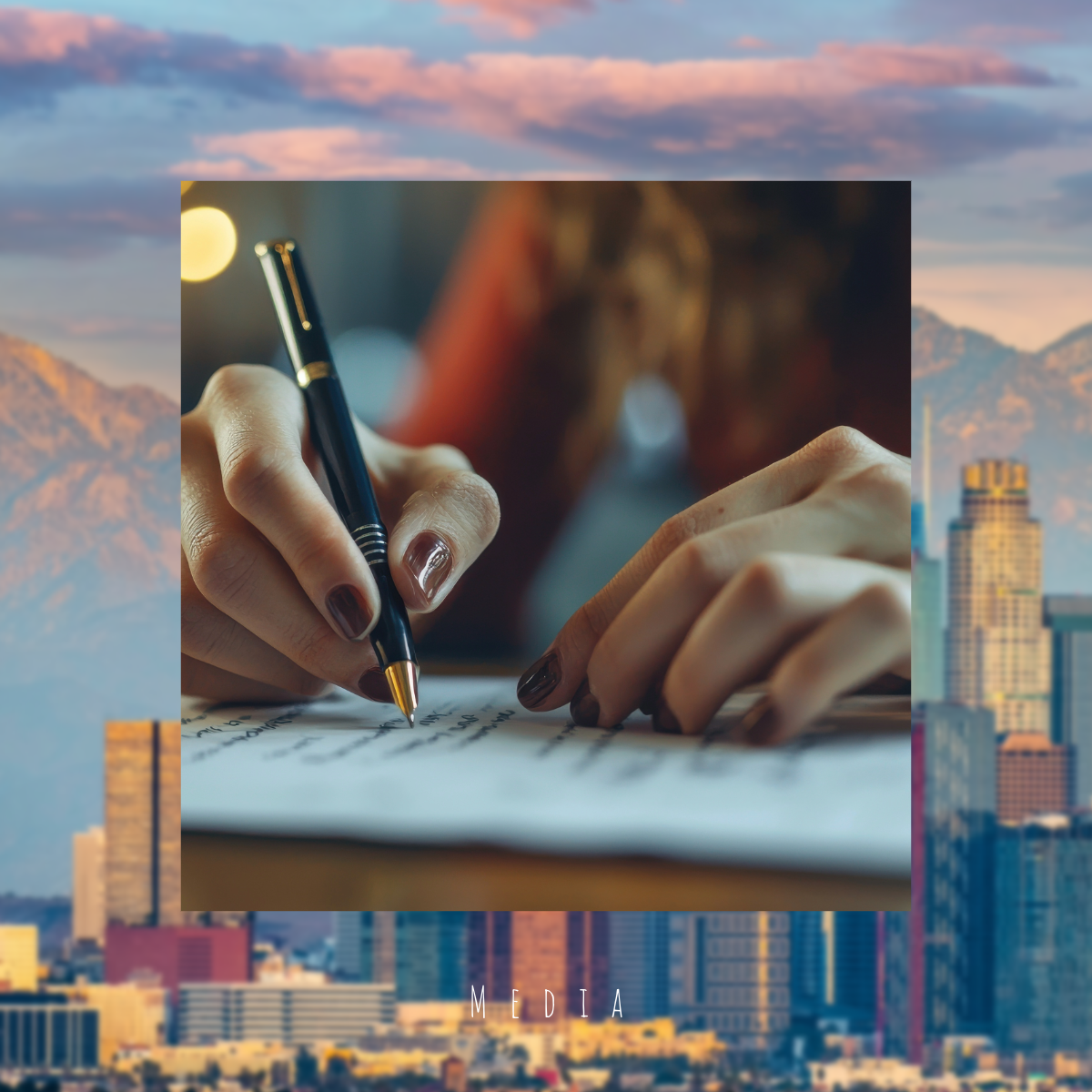 A person writing on paper with a pen, focus on their hand and nails, with a blurred city skyline and mountain range in the background.