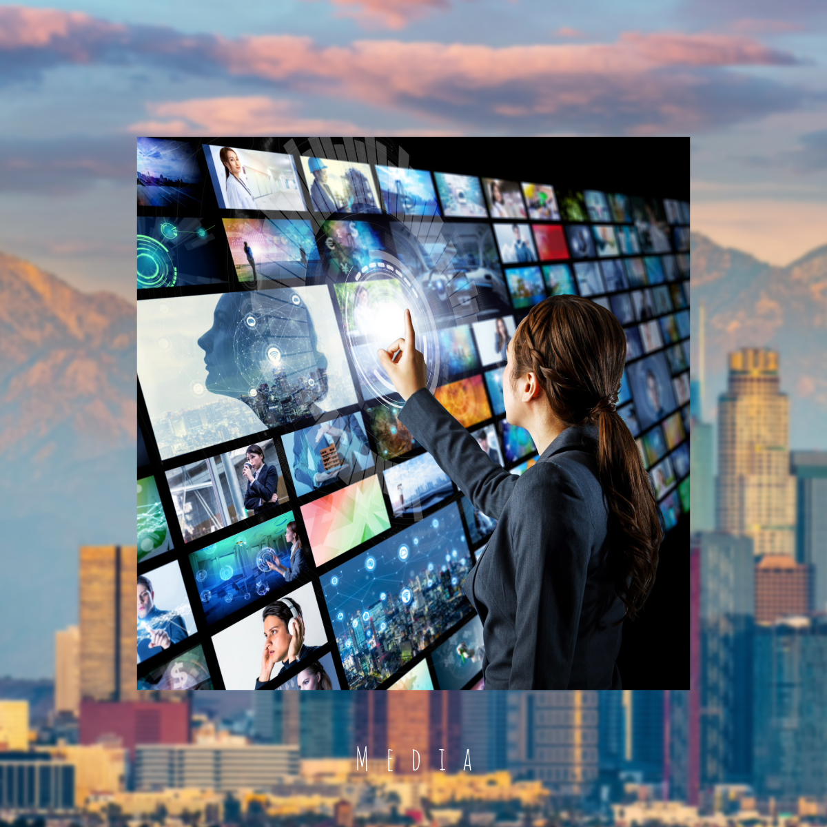 A woman interacts with a digital media interface displaying multiple screens and images related to technology and communication.