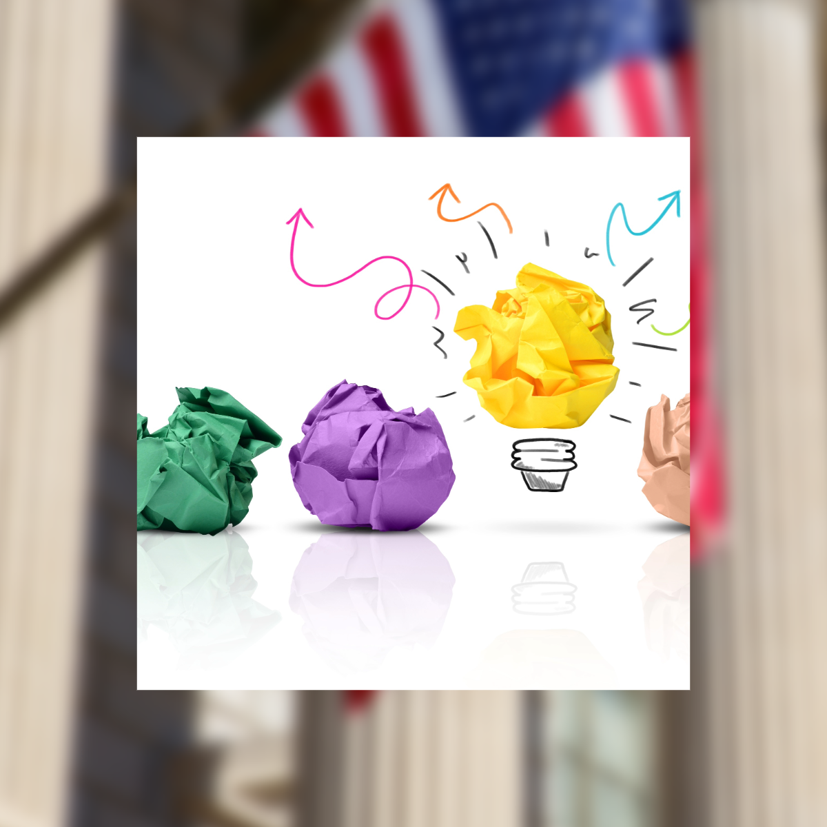 Colorful crumpled paper balls in green, purple, yellow, and pink, with a lightbulb outline and colorful hand-drawn arrow lines pointing away from the yellow paper ball.