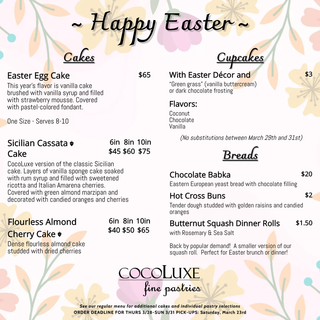 Hop into Easter joy with CocoLuxe's Easter Menu, available now! 🐣🐰 Featuring items like our charming Egg Cakes, Flourless Chocolate Eggs, festive Painted Egg cookies, and more! Our menu is sure to add a sweet touch to your holiday celebrations &nda