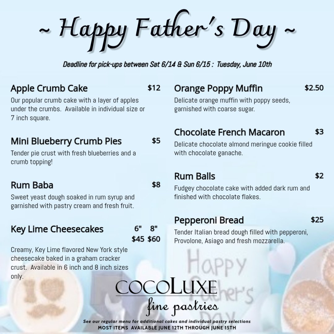 👔 Celebrate Dad with Sweet &amp; Savory Treats! 👔
Our Father&rsquo;s Day Menu is here&mdash;and it&rsquo;s packed with delicious ways to show Dad some love!

From the crowd-favorite Apple Crumb Cake to our refreshing Key Lime Cheesecake, fudgy Rum 