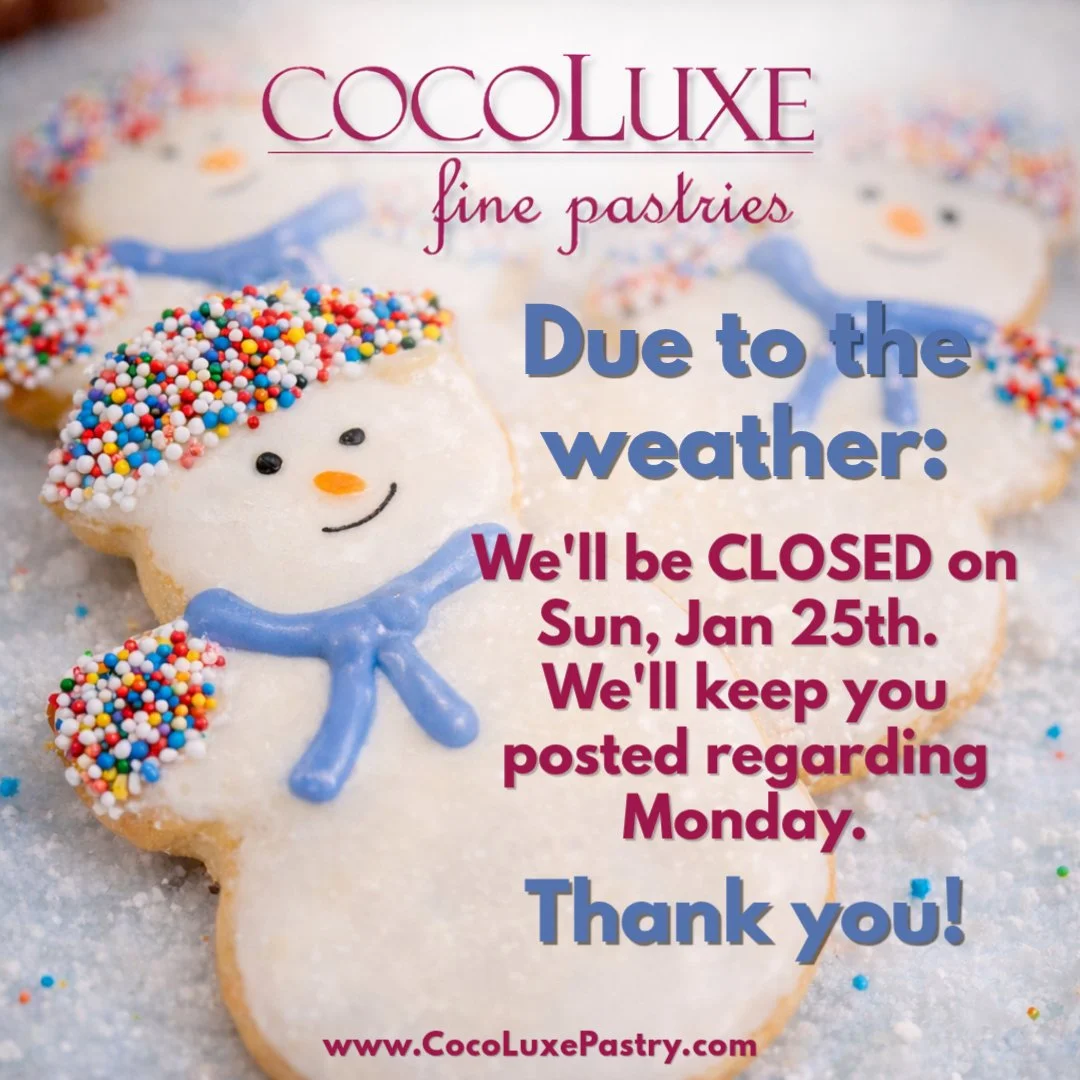 ❄️ Weather Update ❄️
Due to the impending weather, we&rsquo;ll be CLOSED Sunday, January 25th.
We&rsquo;ll keep you posted regarding Monday.

Thank you for your understanding, and please stay safe out there! 🤍

#CocoLuxe #NJBakeries #LocalBakery #We