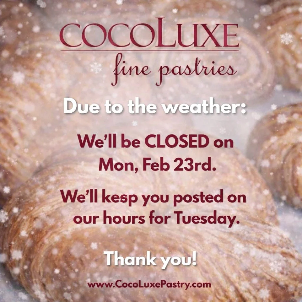 ❄️ Weather Update ❄️
Due to the snow storm, we&rsquo;ll be CLOSED Mon, Feb 23rd. We'll keep you posted on our hours for Tuesday.

Thank you for your understanding, and please stay safe out there! 🤍

#CocoLuxe #NJBakeries #LocalBakery #WeatherClosure