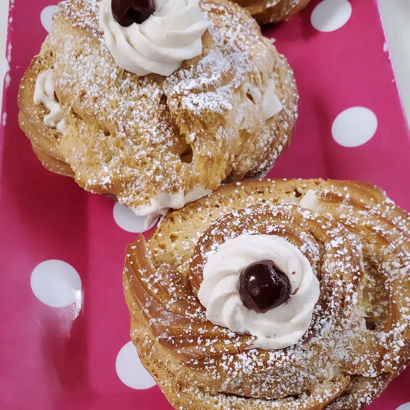 Happy St. Joseph's Day!  Pastries available today...cannoli cream or pastry cream.  Both with brandied cherries!  #italianpastry #siciliangirl