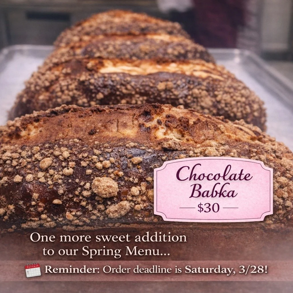 🌸✨Last call for Spring Holiday orders is this Saturday, 3/28&mdash;don&rsquo;t miss out on your seasonal favorites!

🤎 Chocolate Babka is also available for $30&mdash;rich, swirled, and irresistible!

Please Note:
🕒 Easter Sunday Hours: 7 AM &ndas