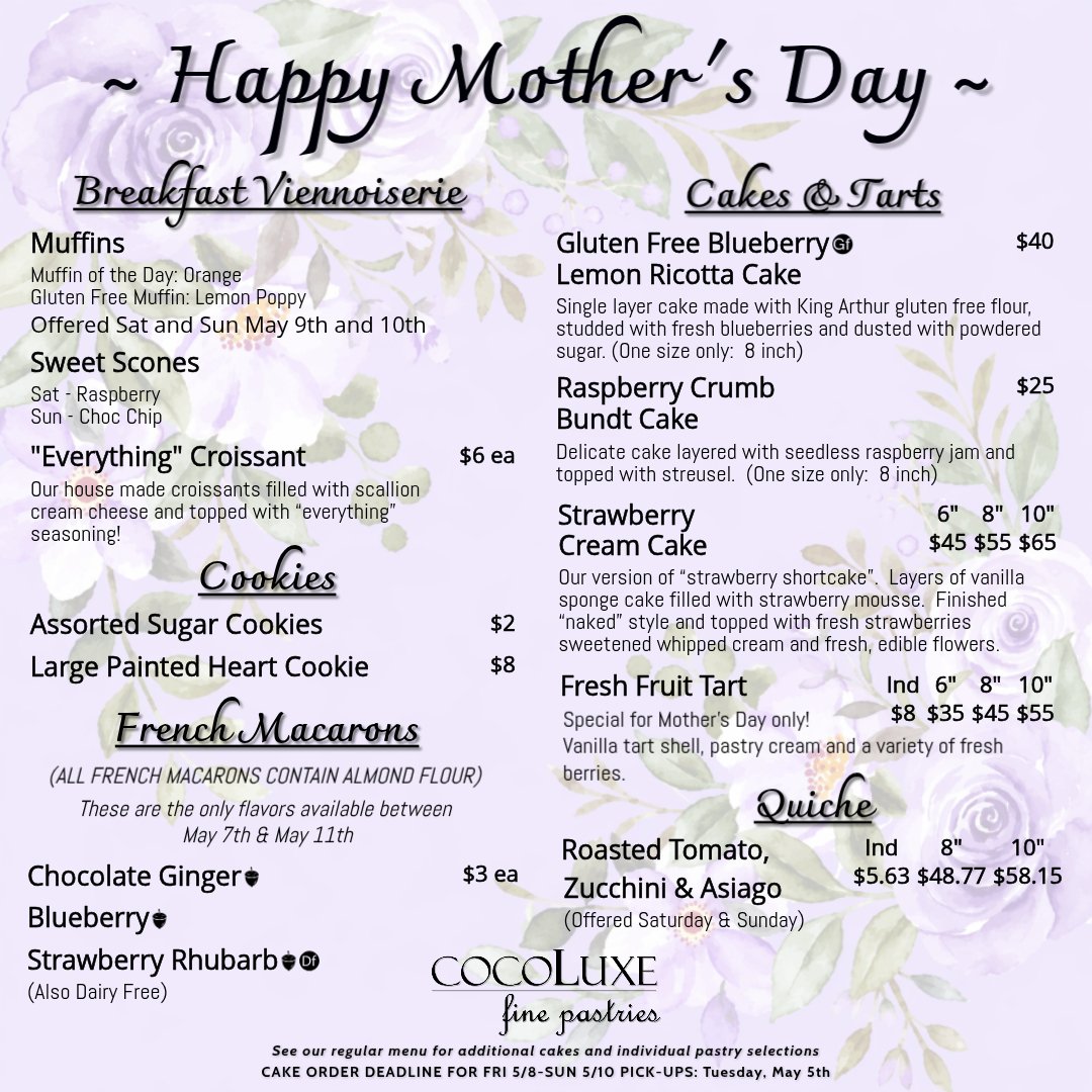 Celebrate Mom with something truly memorable this Mother&rsquo;s Day from CocoLuxe 🪻💜
Our seasonal menu is here&mdash;crafted to make her day extra special.

Please Note:
🗓️ Cake Order Deadline for pickup Fri, May 8th&ndash;Sun, May 10th (Includin