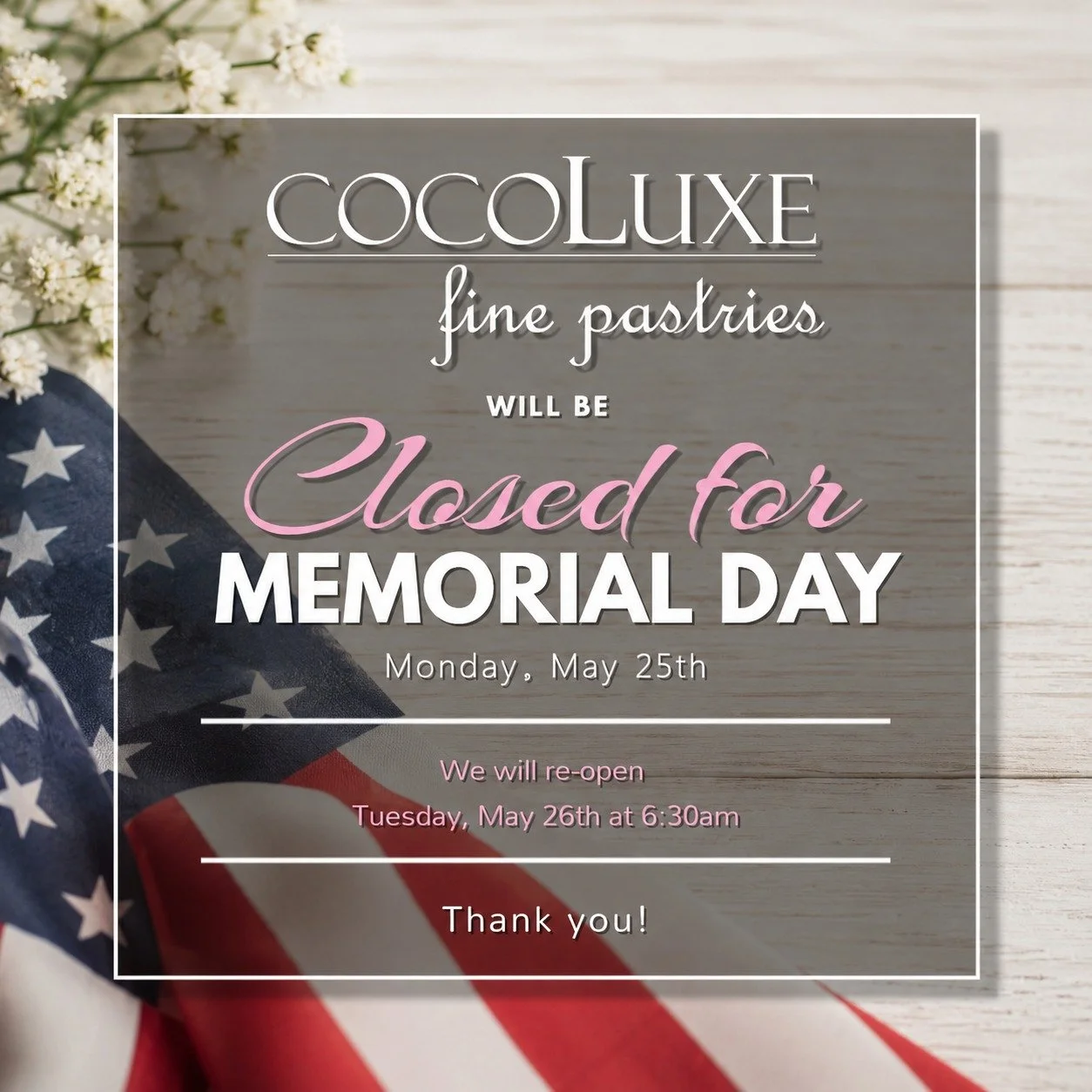 🇺🇸 Memorial Day Weekend Hours 🇺🇸

As we head into Memorial Day weekend, please note that CocoLuxe will be closed Monday, May 25th, and we&rsquo;ll reopen Tuesday, May 26th at 6:30 AM.

✨ We&rsquo;ll be open regular hours Saturday, May 23rd &amp; 