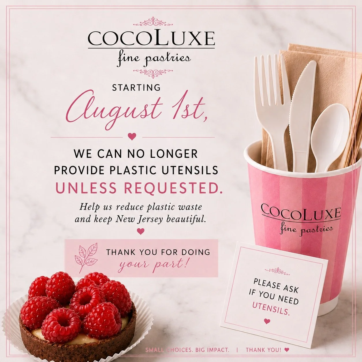 🌿 Helping To Keep New Jersey Beautiful 🍴

Beginning August 1st, plastic utensils will only be provided upon request in accordance with New Jersey law.

Together, small choices can make a big impact. Thank you for supporting CocoLuxe and helping us 